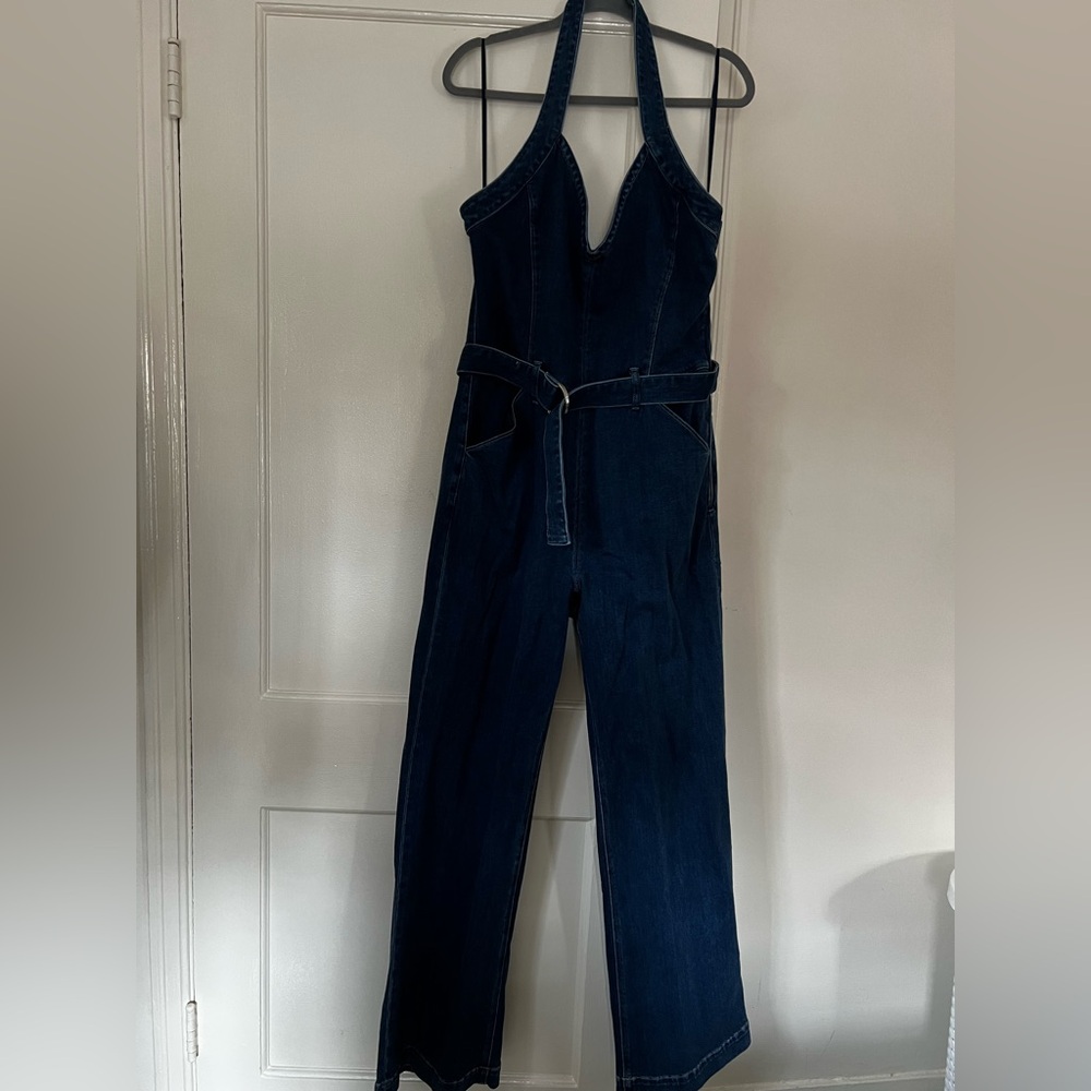 Paige Leenah Halter Denim Jumpsuit with Plunging Neckline and Belt